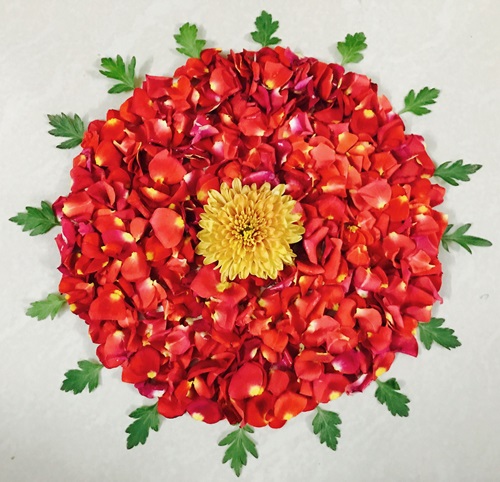 Easy Rangoli Designs for Diwali with Yellow and Red Flowers 2