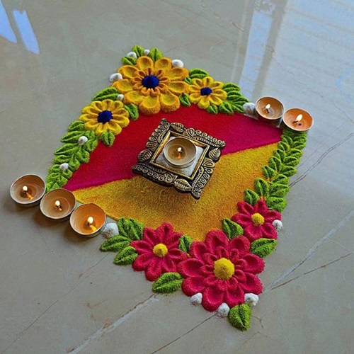 Simple Rangoli Designs of Flowers with diyas